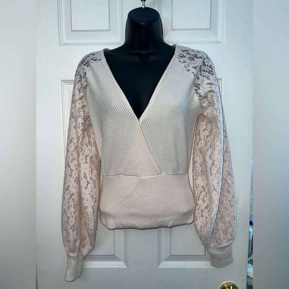 Anthropologie Lace Sleeve Ribbed Knit Surplice Cream Wrap Sweater Sz XS